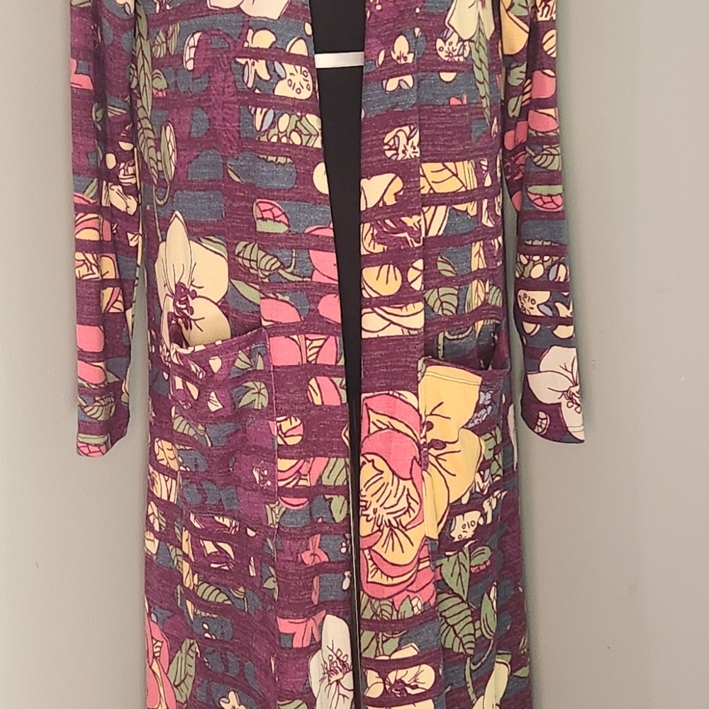 LuLaRoe Janet duster cardigan featuring a purple, floral, and Striped Pattern - Picture 3 of 14